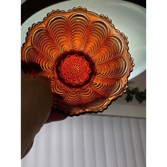 Vintage Fenton Carnival Glass Bowl Ruffled Scallop Edge Peacock Design - Picture 4 of 8